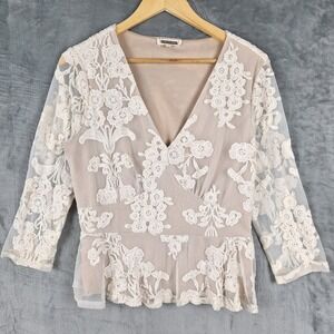 Womens Top Large Babydoll Romantic Floral Lace Sheer Boho Embroidered Whimsical